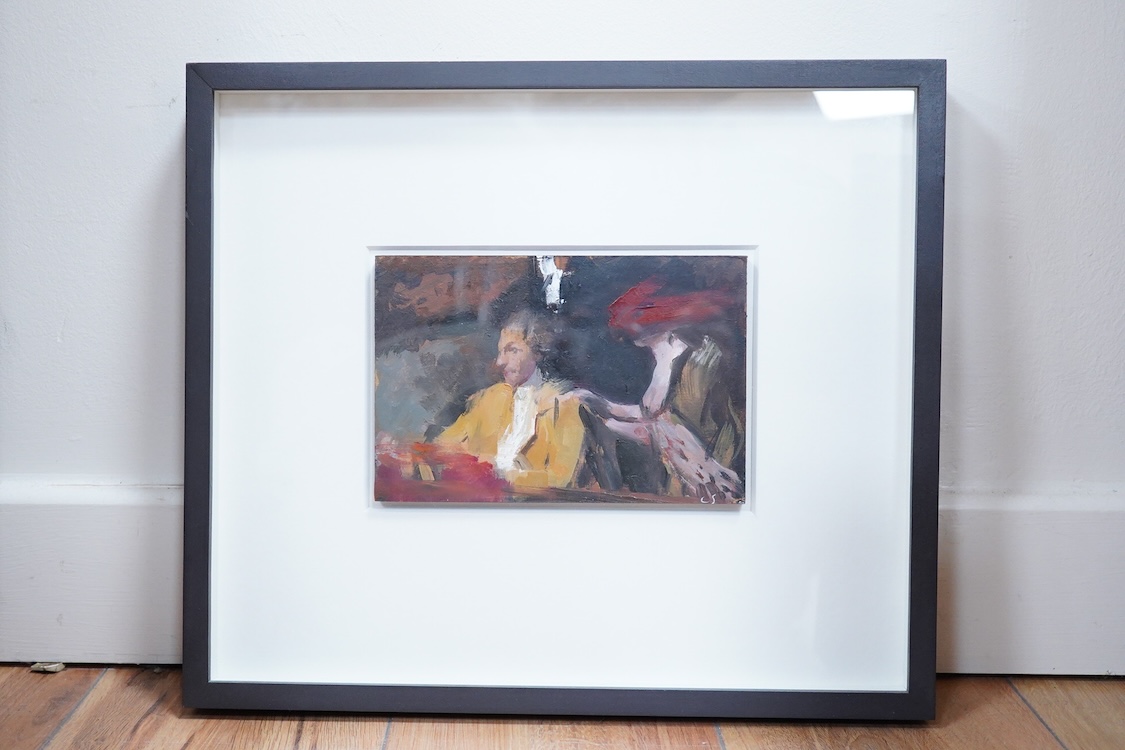 Charlotte Snook (contemporary), ‘His Gold Coat’, signed with initials, St Anne’s Gallery label verso, oil on board, 12 x 18cm